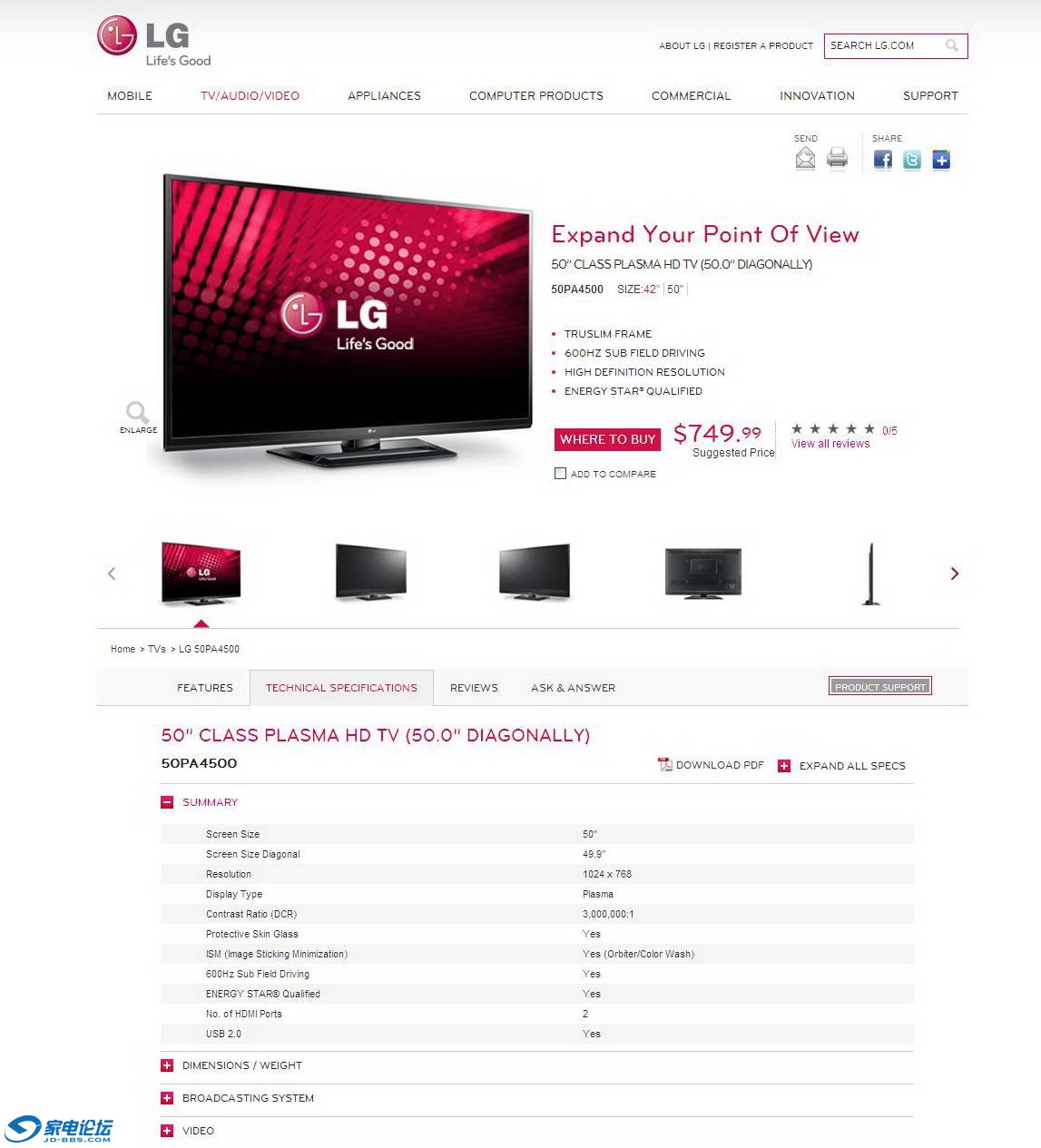 LG 50PA4500_ 50 inch Class 3D capable 1080P Plasma TV with Smart TV (49_9 inch d.jpg