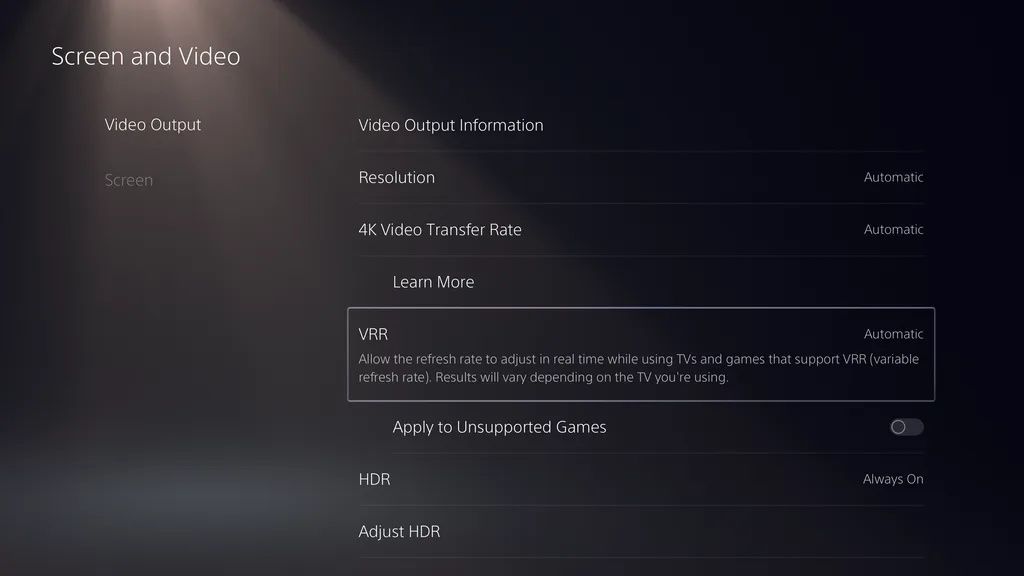 image of the settings screen in the PlayStation 5 showing an option to apply VRR support to unsupported games